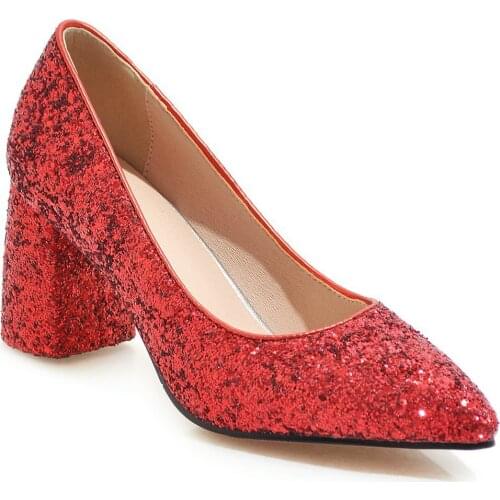 Wedding shoe age season in 2019 new product thick with high heels pointed shallow mouth single sequined 33-48 yards shoes