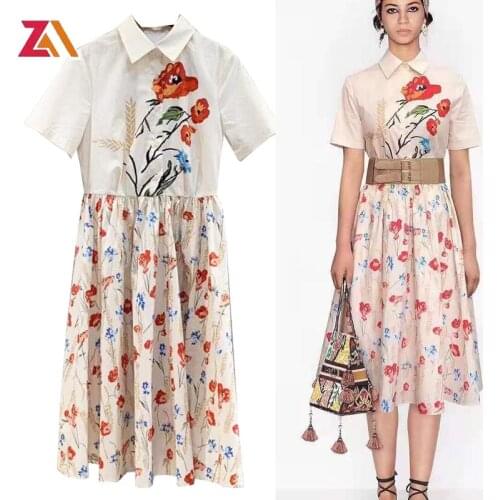 ZALady designer office style dresses with floral pattern summer short sleeve vintage basic zevity holiday dress vestidos mujer