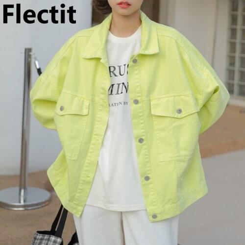 Flectit 90s Denim Jacket Women Lime Green Single Breasted Long Sleeve Chest Pocket Oversize Jean Jacket For Ladies Casual Outfti