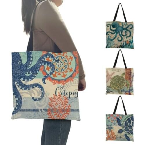 Classic Retro Marine Animal Sea Turtle Horse Octopus Print Large Tote Leisure Shoulder Womens Handbags Shopping Bags Foldable