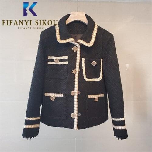Black Tweed Jacket Women Short Coat Pocket Lapel Fashion Design Casual Woolen Jackets Ladies High Quality Warm Winter Coat