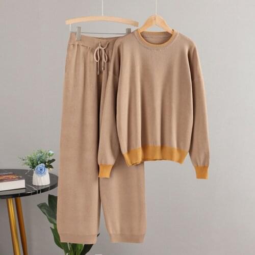 2 piece Women Sweater Suit Autumn Winter Women Knitting O-Neck Patchwork Pullovers and Wide leg Pants Casual Track Suit