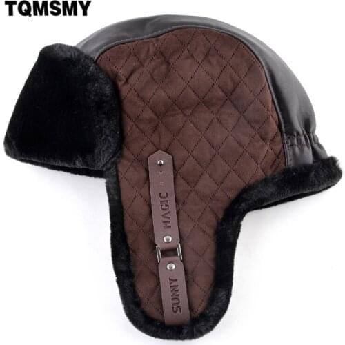 TQMSMY Winter Bomber Hat For Men Fashion Faux Leather stitching Hats Warm Faux Fur Bomber Hats With Earflaps Windproof Hat TME85