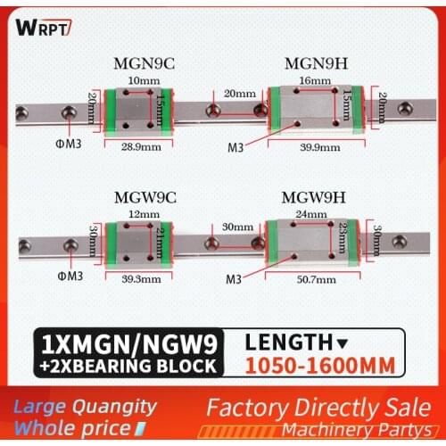 1pcs 9mm linear guide rail L=1000 1050 1100 1200 1250 1300 1350 1400 1500 1550 1600mm+2pcs MGN9C MGN9H MGW9C MGW9H brackets