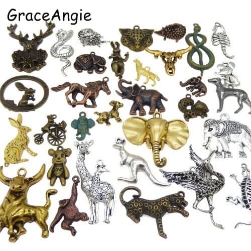 20pcs Mix Color Animal Snake Charm Deer Rabbit Elephant Snake Bird Antique Bronze Plated Zinc Alloy Vintage Charms Mixed Pendant