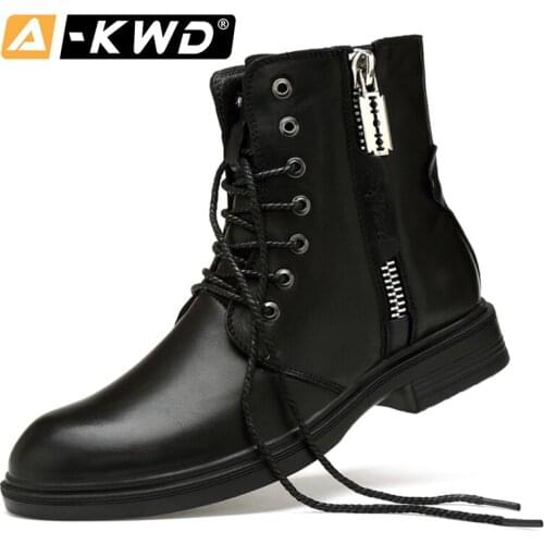 2019 Winter Lace Up Punk Style Zippers Motorcycle Biker Boots Genuine Leather Men British High Top Male Footwear Plus Size 38-44