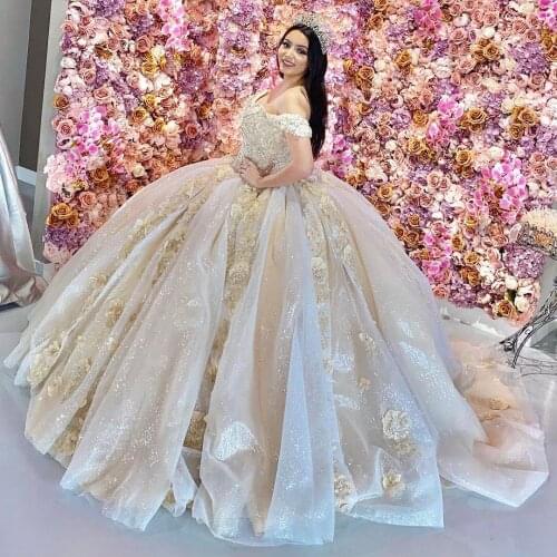 Champagne Ball Gown Champagne Quinceanera Dresses 3D Flower Beaded Sweet 15 16 Dress Gorgeous Vestidos De 15 Anos 2021