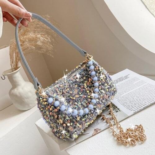 Brand Designer PU Leather Womens Shoulder Bag Fashion Pearl Sequined Handbag Small Square Crossbody Bag Lady Shoulder Bag Purse