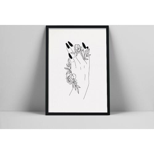 Flower Hand Art Print | Peony Line Drawing | Flowers Line Art | Delicate Hand Wall Art | Long Nails Poster | Black and White Fbs