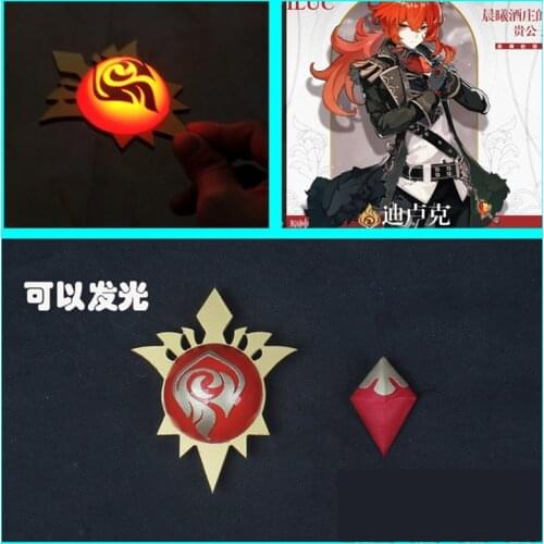 Game Genshin Impact Diluc Ragnvindr Luminous Chest Ornaments Costume Necktie Accessories Brooch Badge Halloween Cosplay Props