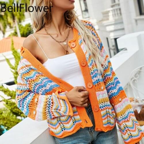 Rainbow Printed Cardigan Sweater Fall 2021 Loose Long Sleeve Striped Casual Cardigans Knitted Oversized Cardigan Women Winter