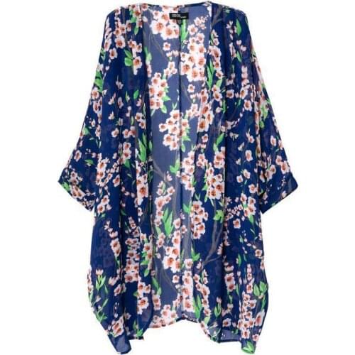 2015 New Ladies' elegant floral print Kimono outwear loose vintage non-button coat cardigan casual brand design tops navy blue