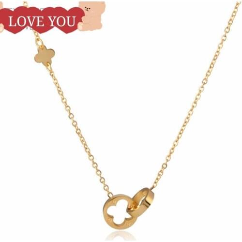 Classic Brand Love Two Circle Double Buckle Necklace Roman Numeral Flower Clover Necklace Stainless Steel Gold Clavicle