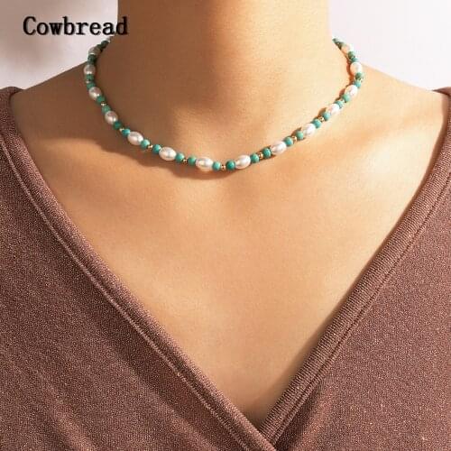 COWBREAD Imitation Pearls Necklace for Women Green Deads Choker Acrylic Necklace Short Jewelry Womens Neck Beaded