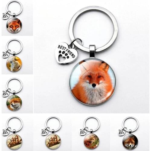 Lovely Fox Picture Glass Cabochon Keychain Animal Pendant Metal Key Rings Christmas Gifts For Kids