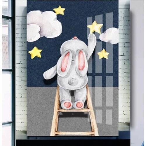 Rabbit Planet Star Nebula Cartoon Wall Art Canvas Painting Nordic Poster And Prints Animal Picture Wall Pictures Kids Room Decor