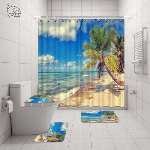 New Colorful Beach Fabric Shower Curtain Bathroom Curtain Sea Conch Starfish Shell Boat Rug Sets Toilet Cover Mat Set