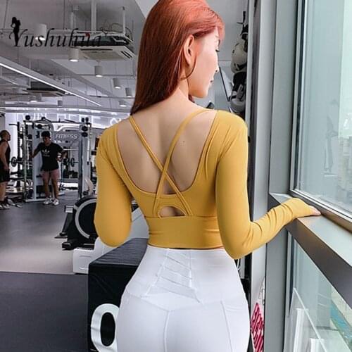 Autumn Sexy Back Sport Shirts Gym Women Long Sleeve Deep U-neck Fitness Workout Tops Thumb Buckle Tight Yoga Tee With Pad Chest