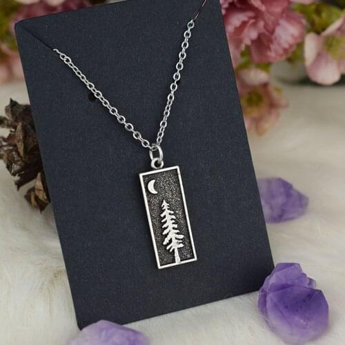 Silver Natural Pine Tree With Moon Pedant Necklace Woodland Plant Jewelry for Women