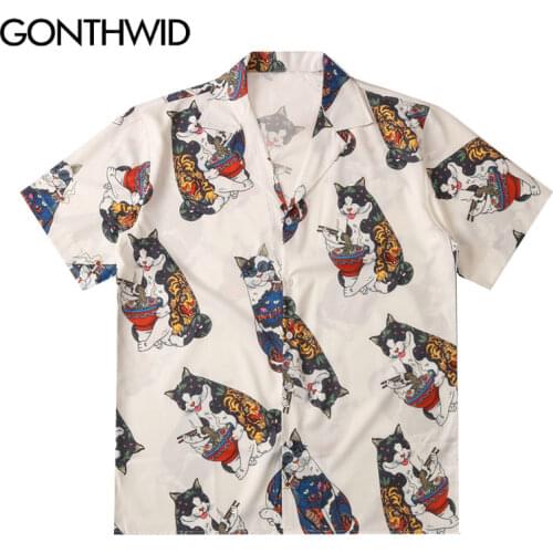 GONTHWID Hawaiian Beach Shirts Harajuku Japanese Tattoo Cat Print Shirt Streetwear Fashion Hip Hop Tropical Short Sleeve Tops