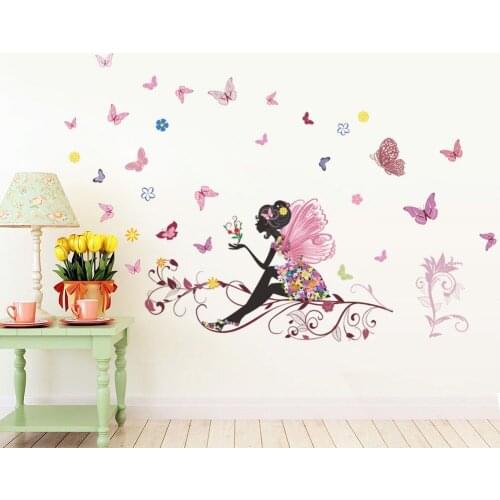 HOT Personality Fairies Girl Butterfly Flowers Art Decal Wall Stickers For Home Decor DIY Mural Kids Rooms Wall Decoration