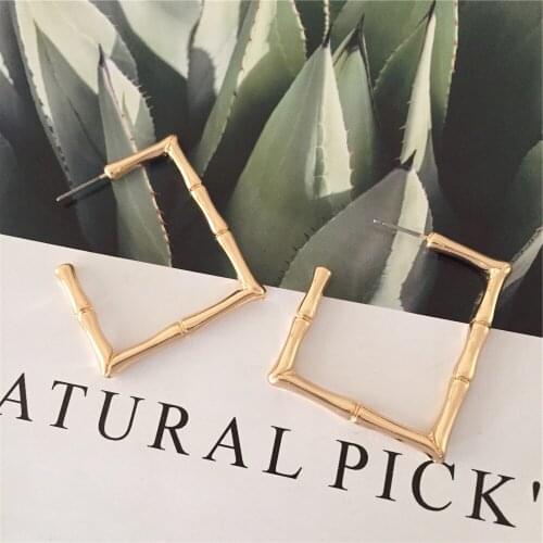 Trendy Gold Color Plating Bamboo Shape Square Medium Size Hoop Earrings For Women Girl Office Lady Modern Generous Jewelry