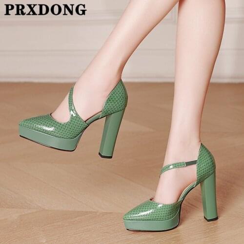 2021 New Fashion Genuine Leather Pumps Shoes For Woman Pointed Toe Thick High Heels Platform Pumps Wedding Party Shoes Woman 39