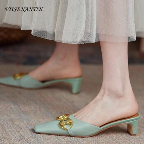 Spring and summer fashion Muller shoes mid-heel sandals slippers womens metal buckle square head thick heel lazy half slippers