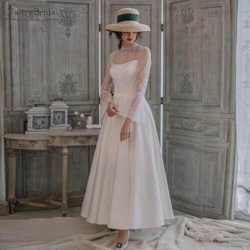 Vintage Tea Length Wedding Dresses Long Flare Sleeve Princess Bridal Gowns High Neck Vestido de noivas DW329
