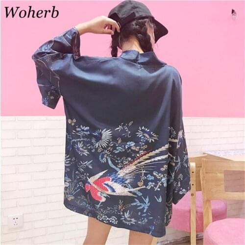 Woherb 2021 Summer Vintage Kimono Japanese Style Shirt Print Boho Flower Blusas Ladies Casual Tops Harajuku Shirts 20870