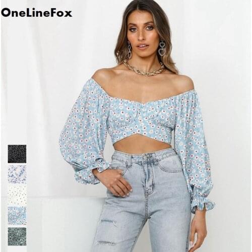 OneLineFox Womens Slash Neck Floral T-Shirt Strapless Summer Fashion Street Long Sleeve Self Tie Crop Blouse Top