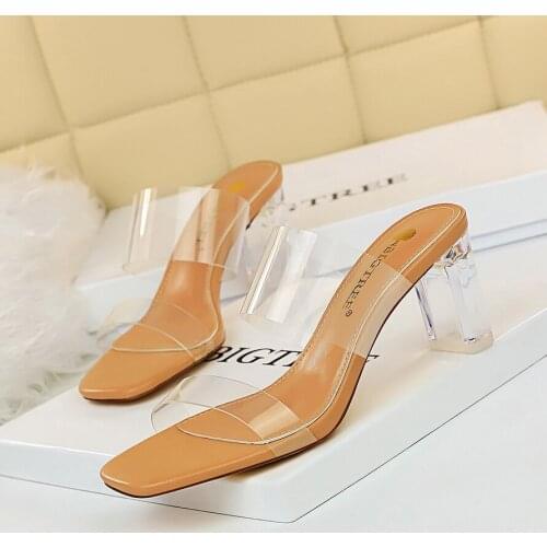 Transparent High Heels Women Square Toe Sandals Summer Shoes Woman Clear High Pumps Wedding Jelly Buty Damskie Heels Slippers