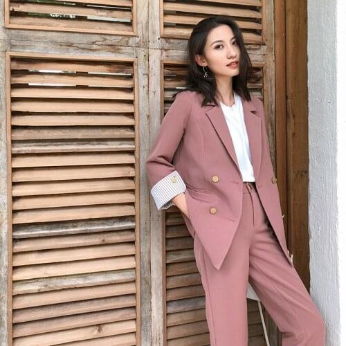 Women Suits Pant Suits Women New Fashion Double Breasted Pink Suit Blazer Pants Two-Piece Business Office Lady Pant Suits