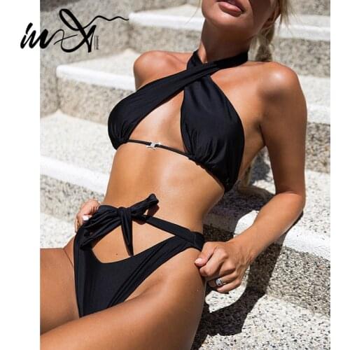 In-X Halter bikini set Solid swimwear female Bandage 2 pieces set Brazilian swimsuit women High cut bathing suit biquini 2021