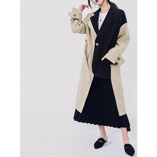 Women Trench Coat 2019 Spring Autumn New Contrast Color Splice Windbreaker Female Suit Collar Long Sleeve Casual Outerwear R489