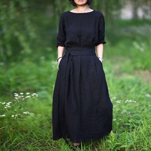 Johnature V-neck 2021 Spring New Cotton Linen Vintage Dress Women Loose Lace-up Solid Color Asymmetry Dresses