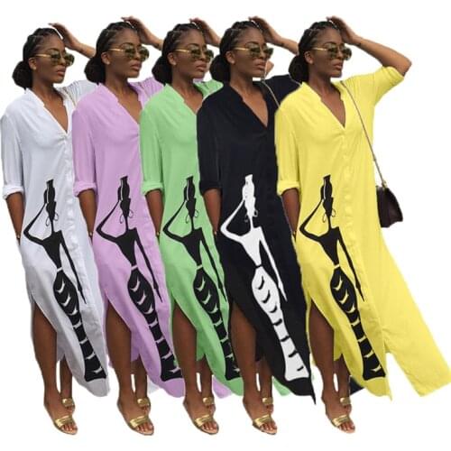 Sexy bodycon party women long sleeve cartoon print autumn straight long shirt dress office lady vestidos robe femme