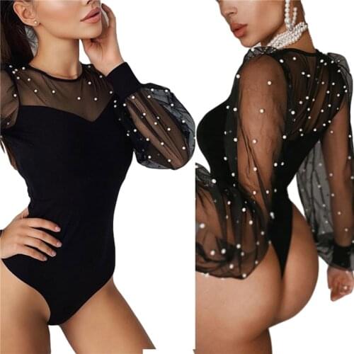 Womens Round Collar Mesh Hollow Long Sleeve Bodysuit, Tight Solid Color High Waist Blouse