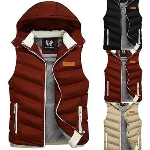 2020 Latest Burgundy Warm Mens Vests Winter Mens Sleeveless Jacket Thick Outercoat Waistcoats Male Slim fit Vest Hat Detachable