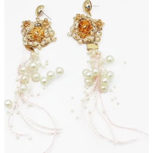 2018 new cute girl metal flower long rope pearl statement beads fashion earring 279