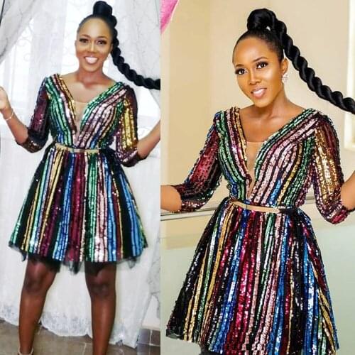 African Women Long Dress Sequins Luxury Elegant Slim Colorful Party Evening Maxi Dress Africa Kanga Clothing Half Sleeve Fashion