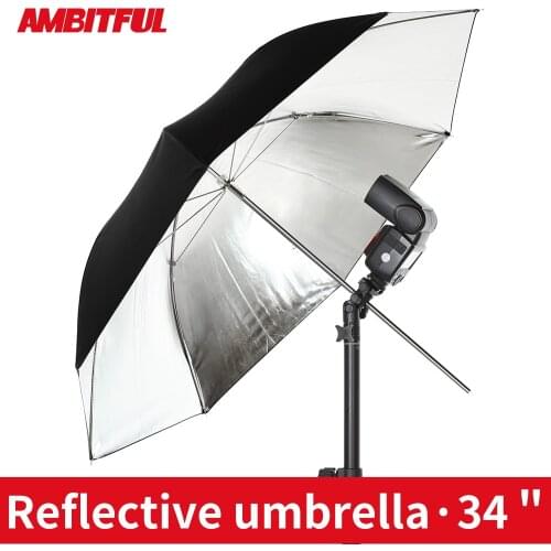 AMBITFUL 34" 86cm Black Silver Reflector Umbrella Stainless Steel Metal Bracket Umbrella + Carry Bag for Photography Studio