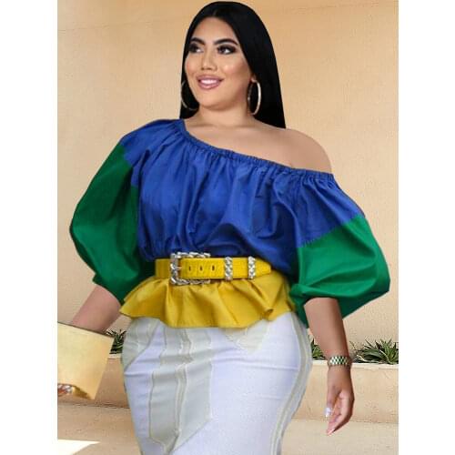 Bare Shoulder Plus Size Tops Patchwork Autumn Fashion Long Sleeve Cotton Color Block Shirt Blouse for Ladies Evening Party 2021