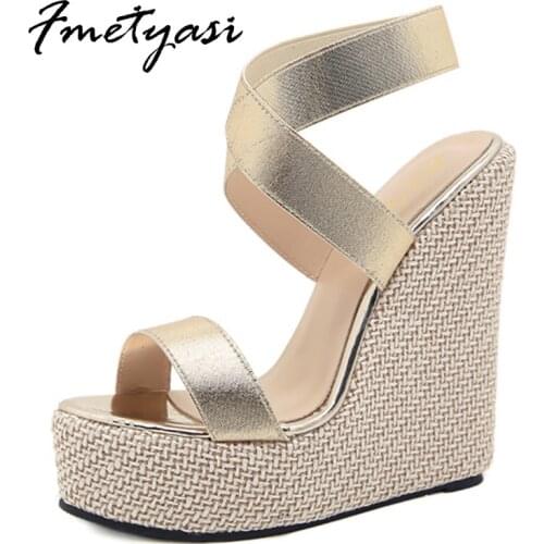 Summer Women Sandals Wedges Platform Golden Heels Ladies' Shoes Ankle Strap 2021 New Super High Heels Round Toe Hemp