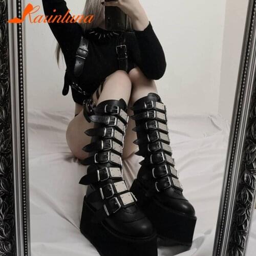 Luxury Brand New womens High Platform Boots Gothic Cosplay Shoes Woman Stylish Metal Buckle Wedges High Heels Boots Female