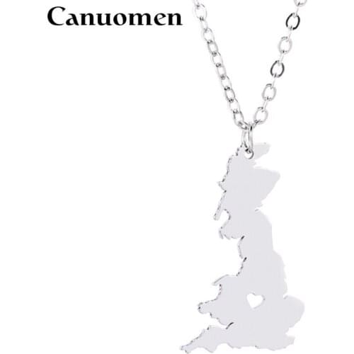 Canuomen England Map Pendant Necklace with Love Heart UK outline Stainless Steel Geography Great Britain Women Charm Jewelry