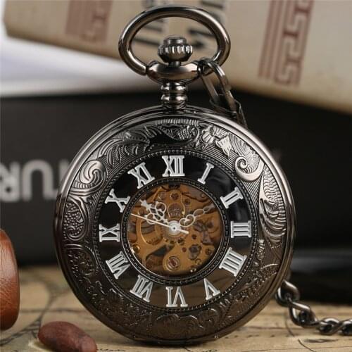 Retro Pocket Watch Carving Roman Numerals Hollow Automatic Mechanical Watches for Men Women Pendant Chain Collectable Clock