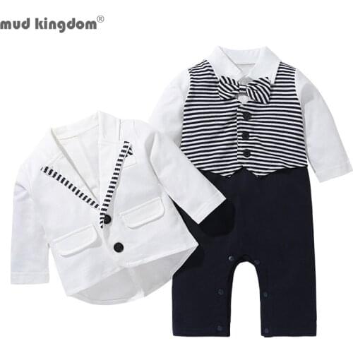 Mudkingdom Baby Boy Gentleman Outfits Long Sleeve Shirt Rompers and Coat Suit for Kids Clothes Bow Tie Boys Jacket 2Pcs Set