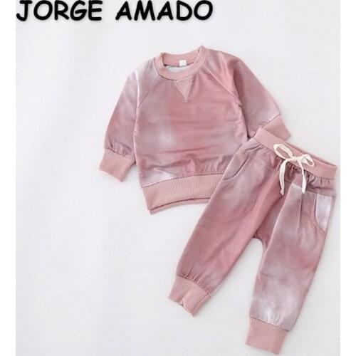 2021 New Autumn Baby Girl Boy 2-pcs Sets Tie-dyed Long Sleeves Round Collar Sweatershit+Elastic Waist Pants Kids Clothes E1056