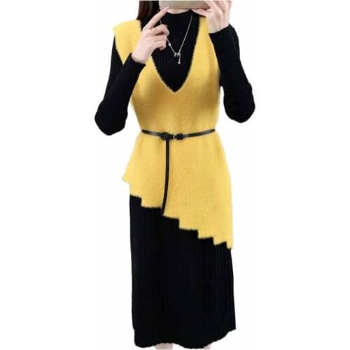 Women Knitted Dress Two-Piece Suit Long Sleeve Turtleneck Sweater Dress And Faux Mink Fluff V-Neck Vest Top 2piece Sets KW421